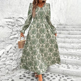 Women's Floral Damask Print Maxi Dress, V-Neck, Long Sleeve, A-Line