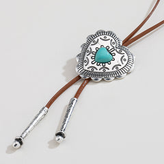 Vintage Style Heart Pendant Necklace, Turquoise Stone, Brown Leather Cord, Silver Tone