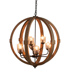 9- Light Globe Chandelier, Wood Chandelier Hanging Light Fixture with Adjustable Chain