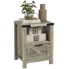 Farmhouse End Table, Rustic Side Cabinet with Drawer - Gray