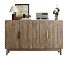 Modern Carved 4-Door Sideboard Buffet Cabinet with Storage, Adjustable Layer Board, Walnut Finish