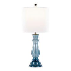 25" Contemporary Table Lamp in Clear Angel Blue Seeded Glass, Polished Nickel and White Linen Shade- Set of 2