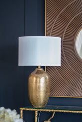 D15x25.7' Round Aluminum Sheet Gold Table Lamp with White Fabric Shade (Lamp Shade Assembly Required)