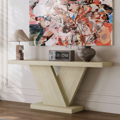 66' L Modern X-Leg Console Table with Solid Wood Veneer, Sturdy Entryway Hallway Table for Small Space, Mid-Century Narrow Sofa Table with Geometric Design & Wide Top, Oak Wash