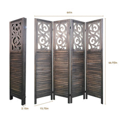 4 Panel Room Dividers, 6FT Carved Wood - Rustic Brown