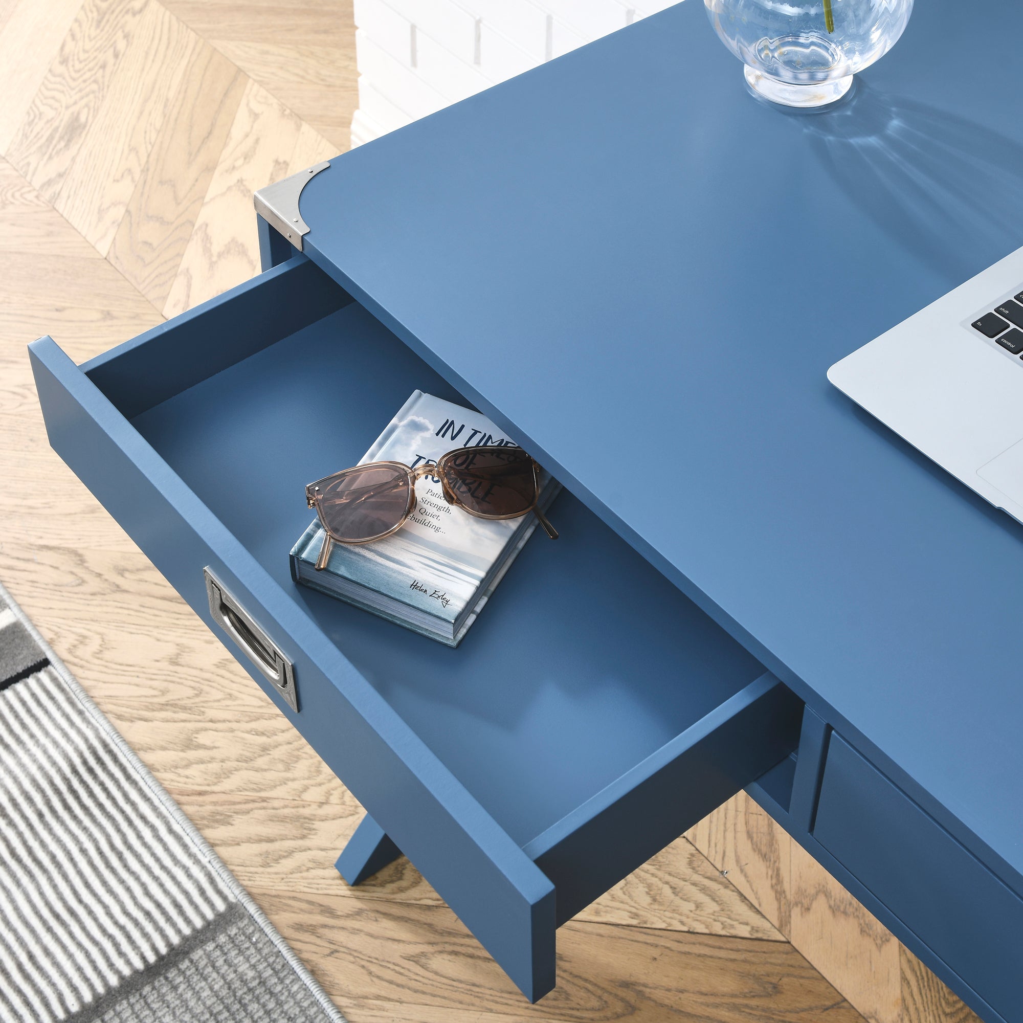 Computer Desk with Storage, Solid Wood Desk with Drawer - Blue