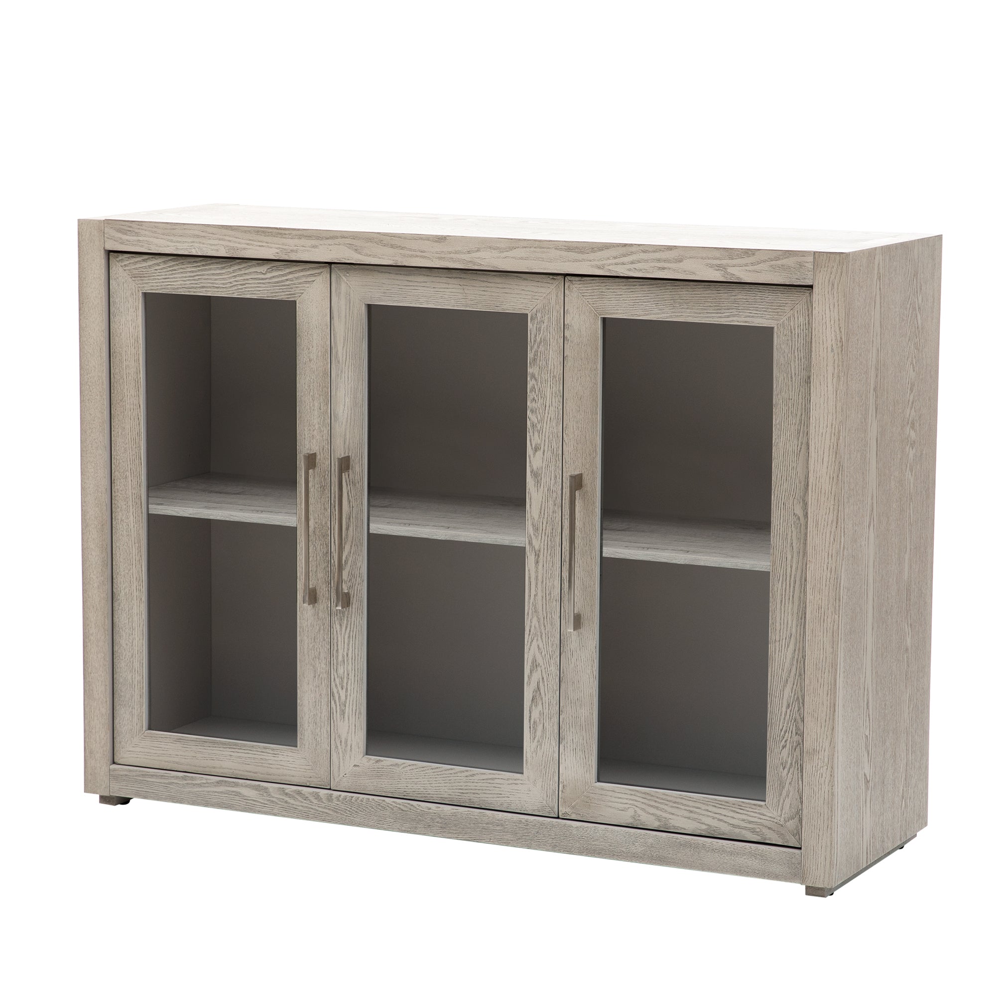 Wood Storage Cabinet with Three Tempered Glass Doors and Adjustable Shelf (Grey)