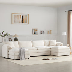 136' Chenille Modular Sectional Sofa with Deep and Wide Seat,U Shaped Cloud Couch Set with Double Cushions,6 Seat Sofa with Movable Ottoman,Oversized Indoor Furniture for Living Room&Apartment