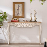 43.31' French Country Carved Console Table - Antique White Distressed Solid Wood & MDF Entry Table with Curved Legs for Hallway/Living Room
