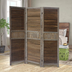 Wood Panel Divider Screen, Shutter Design, 3 Panels 67 Inch - Distressed Brown