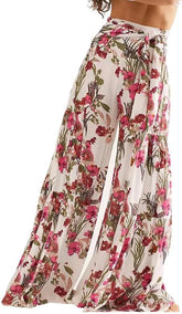 Floral Print Wide Leg Palazzo Pants, Summer Beach Lounge Trousers