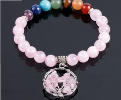 Chakra Pink Quartz Tree of Life - Beaded Bracelet