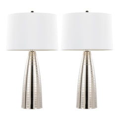 27" Contemporary Metal Table Lamp in Polished Nickel with White Linen Shade - Set of 2