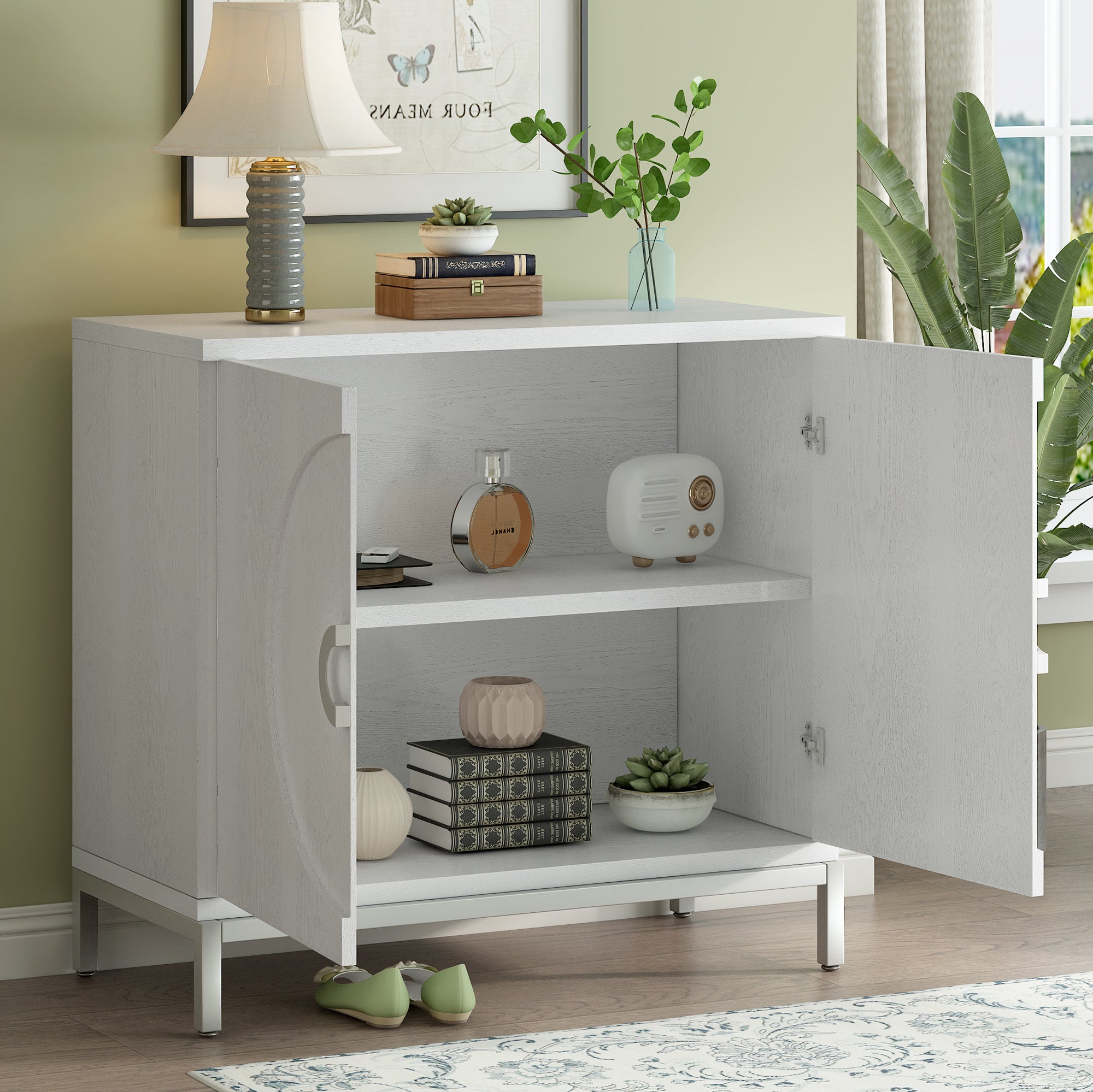 Accent Cabinet with Solid Wood Veneer and Metal Leg Frame for Living Room, Entryway, Dining Room - White