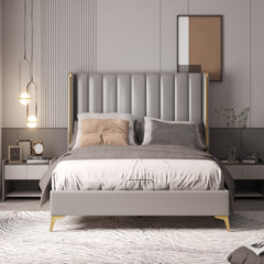 56" Tall Headboard Channel Tufted Upholstered Platform Bed with Thickening Pinewooden Slats and Metal Leg, Queen Size Bed Frame - Light Grey