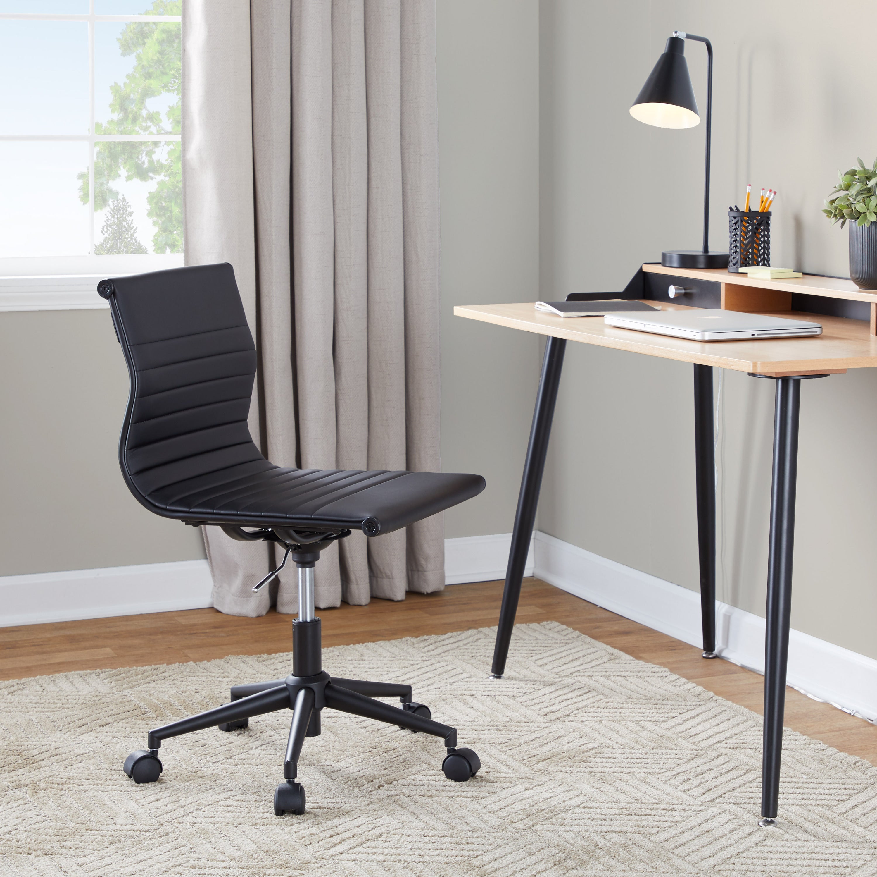 Industrial Armless Adjustable Task Chair with Swivel in Black Frame and Black Faux Leather
