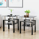 Set of 2 - Modern Tempered Glass Tea End Table - Black