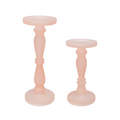 Set of 2 Candle Holders, Rose Pink Turned Pedestal Glass