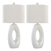 Pearl 29" Contemporary Polyresin Table Lamp in Matte White Poly, Natural Shell and White Linen Shade - Set of 2