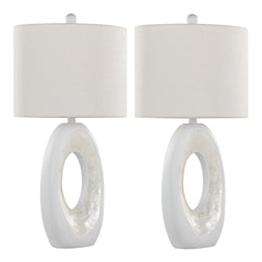 Pearl 29" Contemporary Polyresin Table Lamp in Matte White Poly, Natural Shell and White Linen Shade - Set of 2