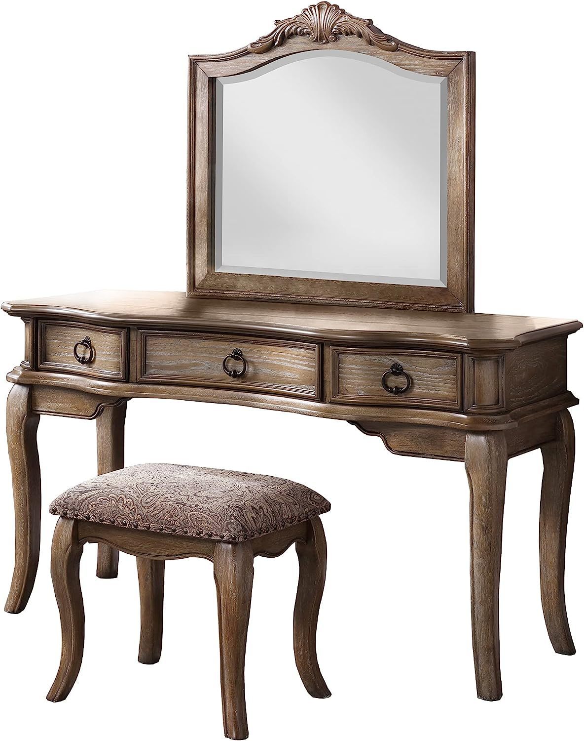 Contemporary Antique Oak Color Vanity Set with Stool Retro Style Drawers Cabriole-tapered Legs Mirror with Floral Crown Molding