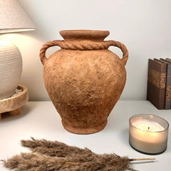 Stunning Roman Style Ceramic Vase Textured and Hand-Painted 15" tall - Brown Terracotta Color