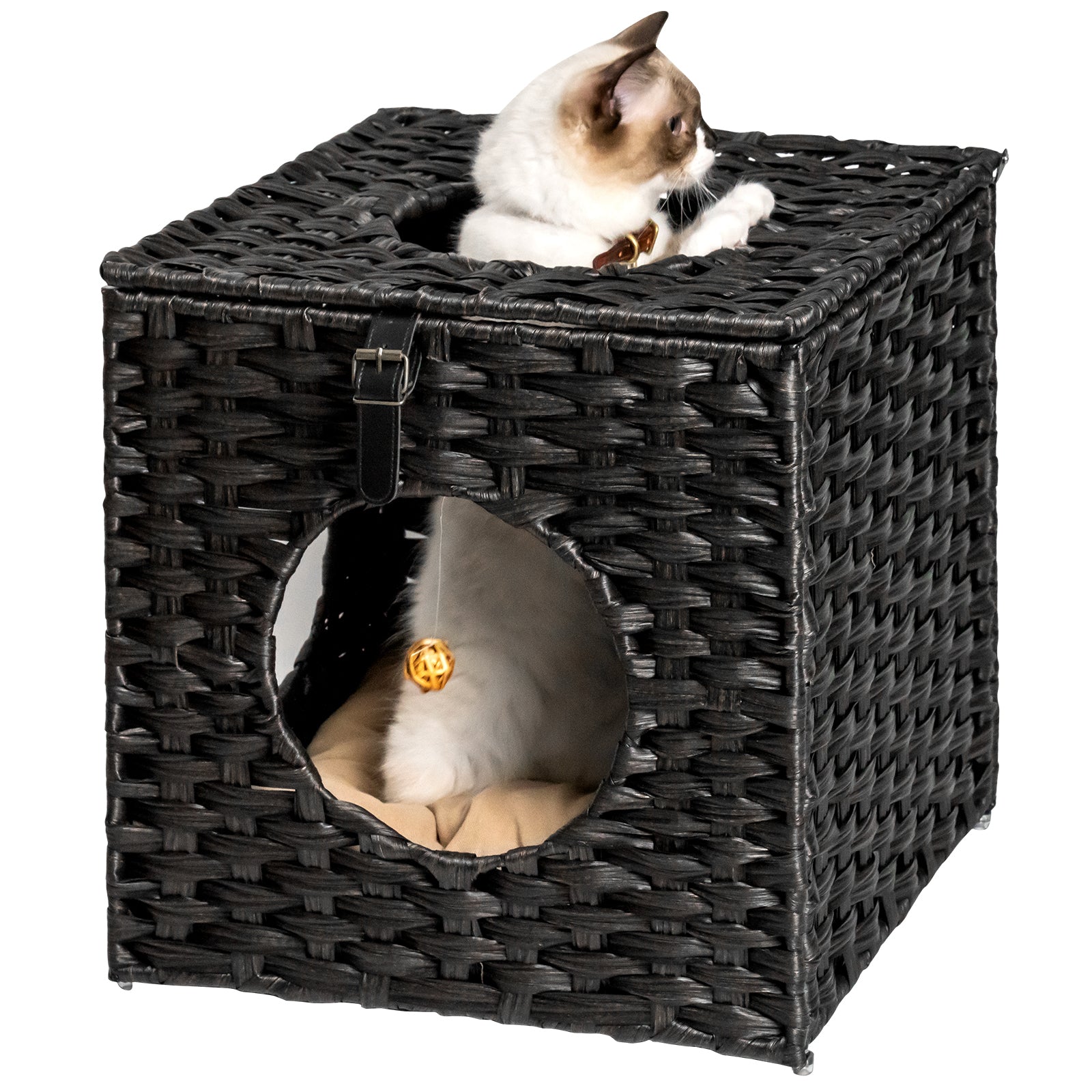 Rattan Cat Litter,Cat Bed with Rattan Ball and Cushion - Black