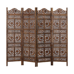 Hand Carved Sun And Moon Design Foldable 4 Panel Wooden Room Divider - Brown