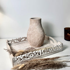 Rustic Ceramic Vase Textured Hand-Painted 10" tall - Light Beige Wash