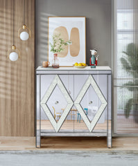 Storage Cabinet with Mirror Trim and Diamond Shape Design, Silver ,for Living Room, Dining Room, Entryway, Kitchen
