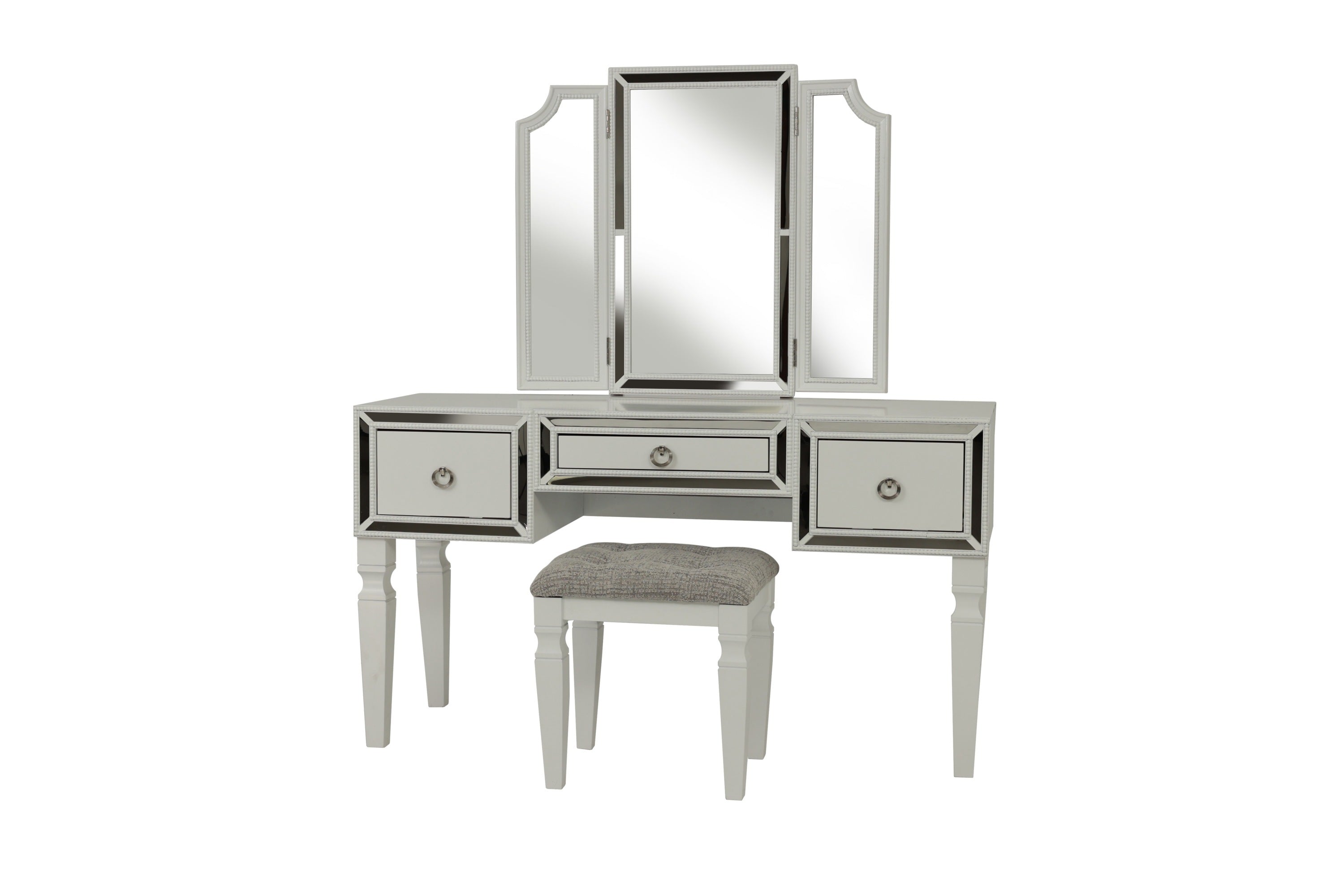 Luxurious Majestic Classic White Color Vanity Set w Stool 3-Storage Drawers 1pc Bedroom Furniture Set Tri-Fold Mirror
