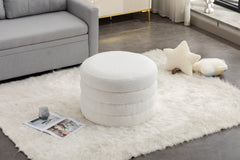 Boucle Fabric Storage Round Ottoman Footstool With Wooden Shelving, Ivory