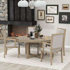 5-Piece Dining Table Set, Two-Size Round To Oval Extendable Butterfly Leaf Wood Dining Table and 4 Dining Chairs with Armrests - Natural Wood Wash