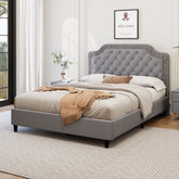 King Size Upholstered Bed with Ruched and Button Tufted Headboard, No Box Spring Needed,Velvet, Gray