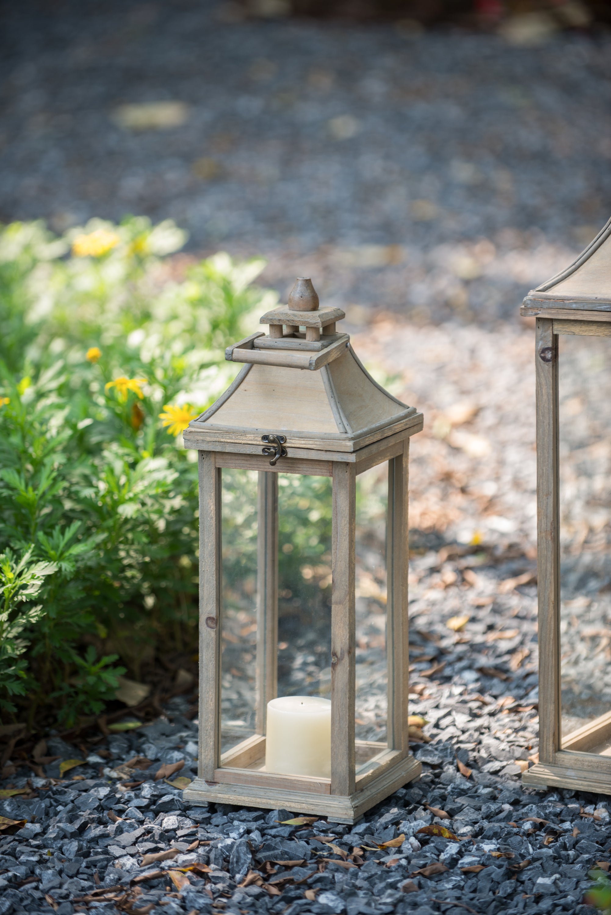 French Style Wooden Candle Lantern Decorative (Set of 2) - Ivory
