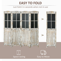 4 Panel Room Divider, 5.6' Tall Farmhouse Style Folding Indoor Portable Wood Privacy Screen with Black Boards, Hinged Freestanding Partition Wall Dividers for Home Office, Natural