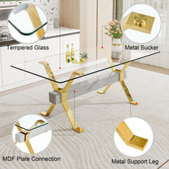 Modern and Luxurious Tempered Glass Rectangular Dining Table with 8 White PU Gold Plated Leg Chairs