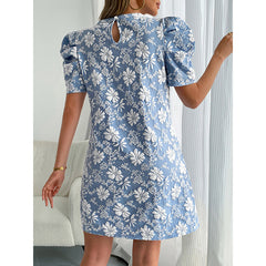 Floral Jacquard Mini Dress, Puff Sleeve, Crew Neck, Light Blue