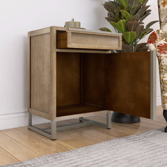 Handwoven End Table with Drawer, Cabinet, and Artisanal Wood Finish - No Assembly Required