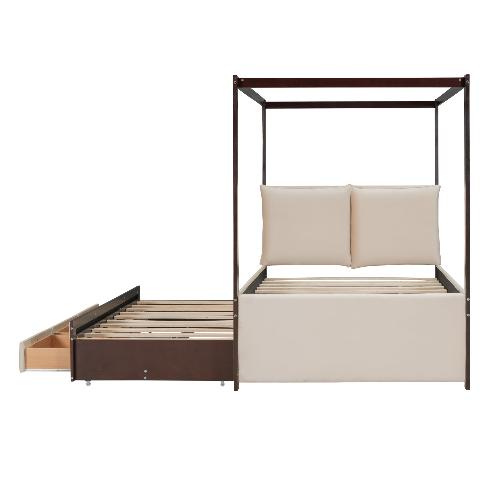 Full Size Upholstered  Canopy Bed with Trundle and 3 Drawers - Beige