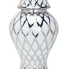 White and Silver Ceramic Decorative Jar with Lid
