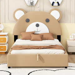 Full Size Upholstery Platform Bed Frame with Cute Bear Shaped Headboard and Two Storage Drawers,Brown