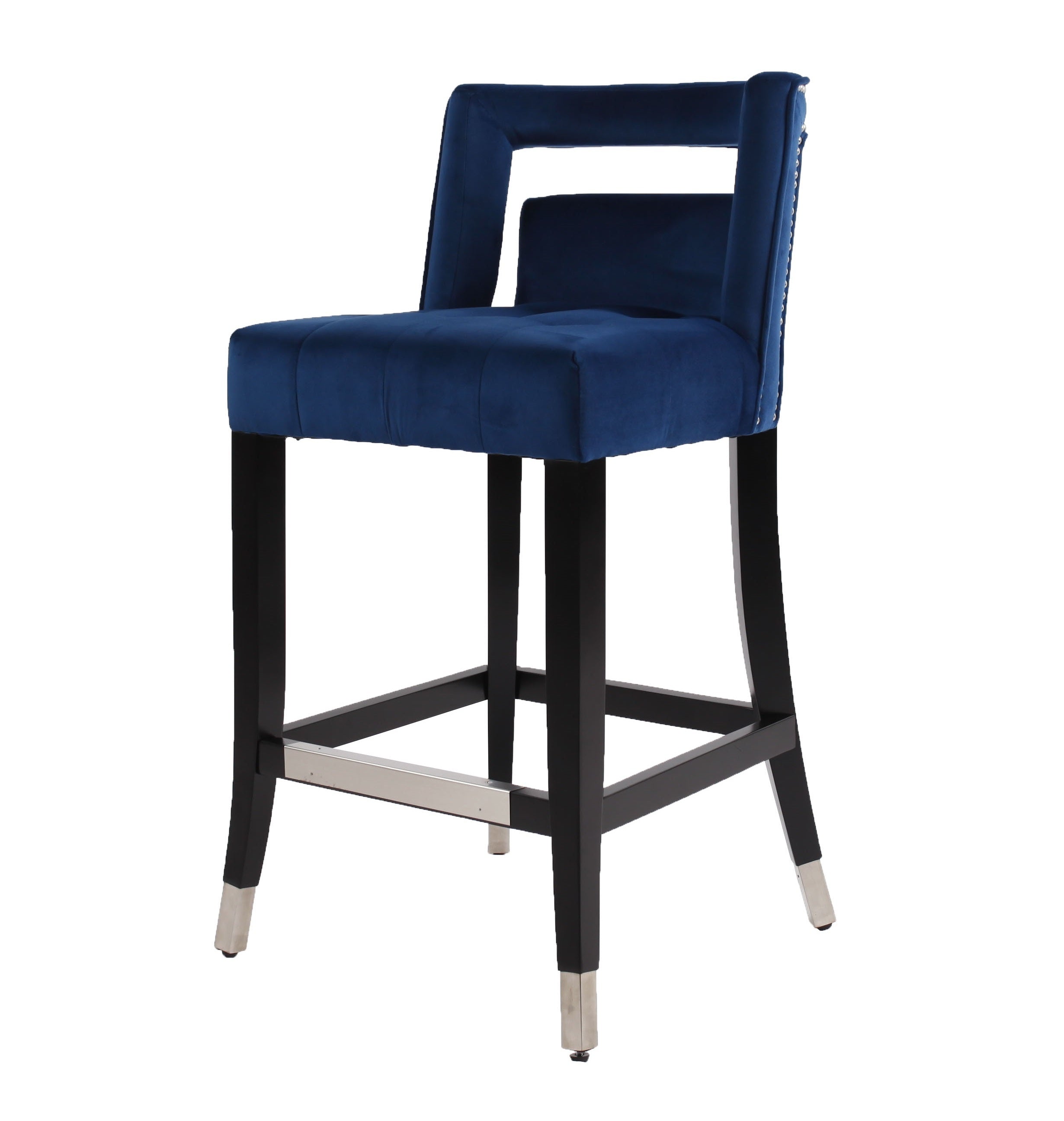 Suede Velvet Barstool with nailheads 26 inch Seater height (Set of 2) - Navy Blue