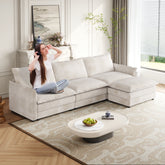 Corduroy Fabric 3-Seater Comfy Cloud Couch with Movable Footrest for Living Room,Oversized Deep Seat L Shaped Couch Set, Upholstered Large Size Deep Seat L Shaped sofa with 3 cushions