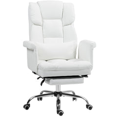 Executive Office Chair, PU Leather Ergonomic Office Desk Chair, Reclining and Swivel Chair with Footrest and Lumbar Support, White