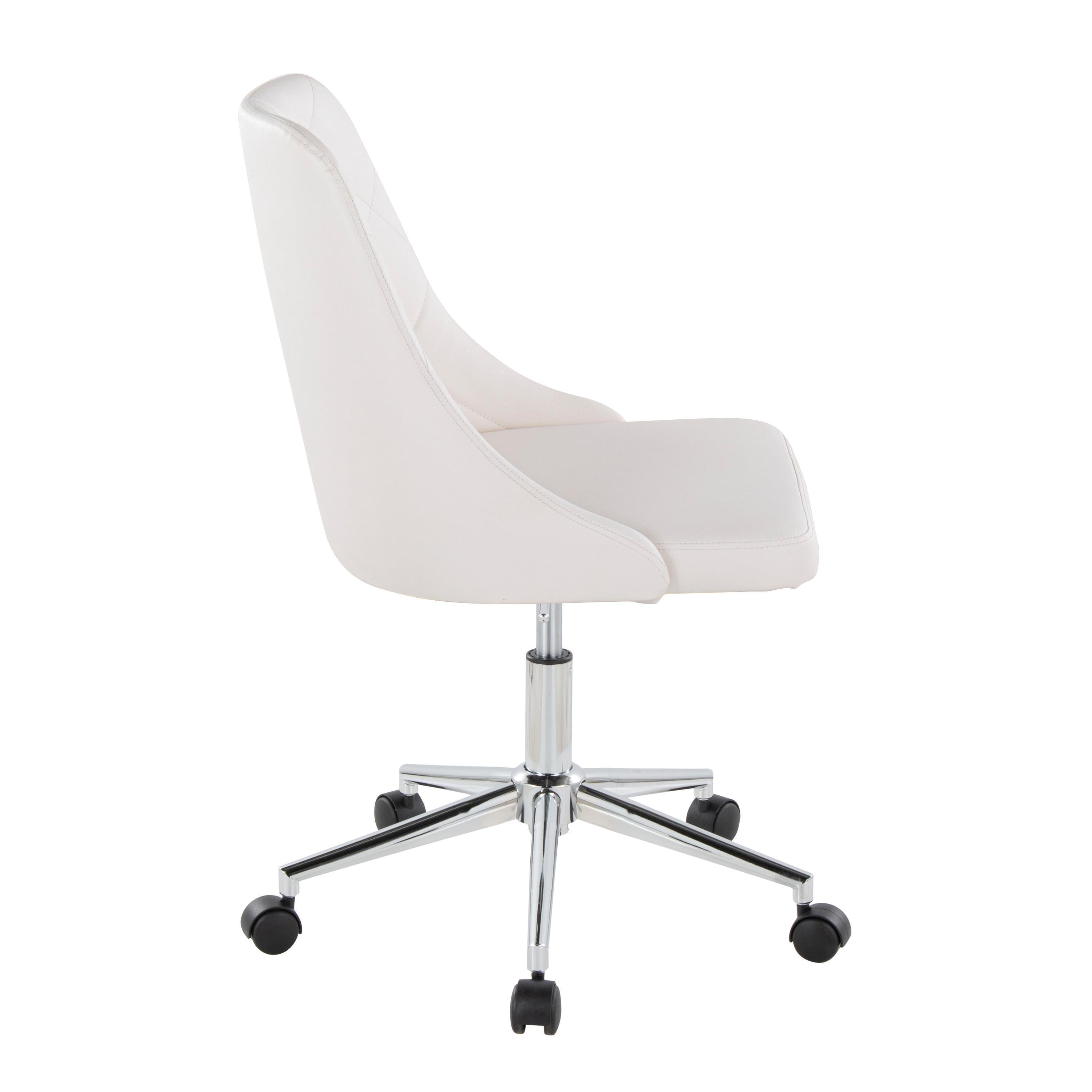 Contemporary Swivel Task Chair with Casters in Chrome Metal and White Faux Leather