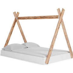 Modern Full Bed, Crossed Wood A Frame Tent Stand, Crisp White Base