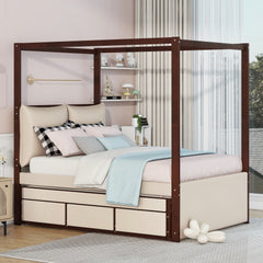 Full Size Upholstered Canopy Bed with Trundle and 3 Drawers - Beige