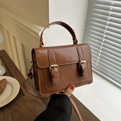 Classic Vintage Satchel Crossbody Handbag, Faux Leather, Double Buckle Design