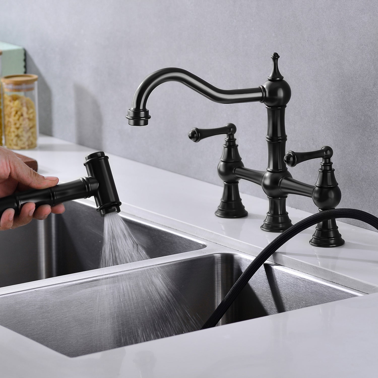 Bridge Dual Handles Kitchen Faucet With Pull-Out Side Spray in